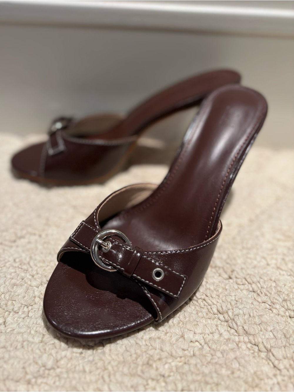 Brown Buckle Open Toe Stiletto Heel Mules Size 6